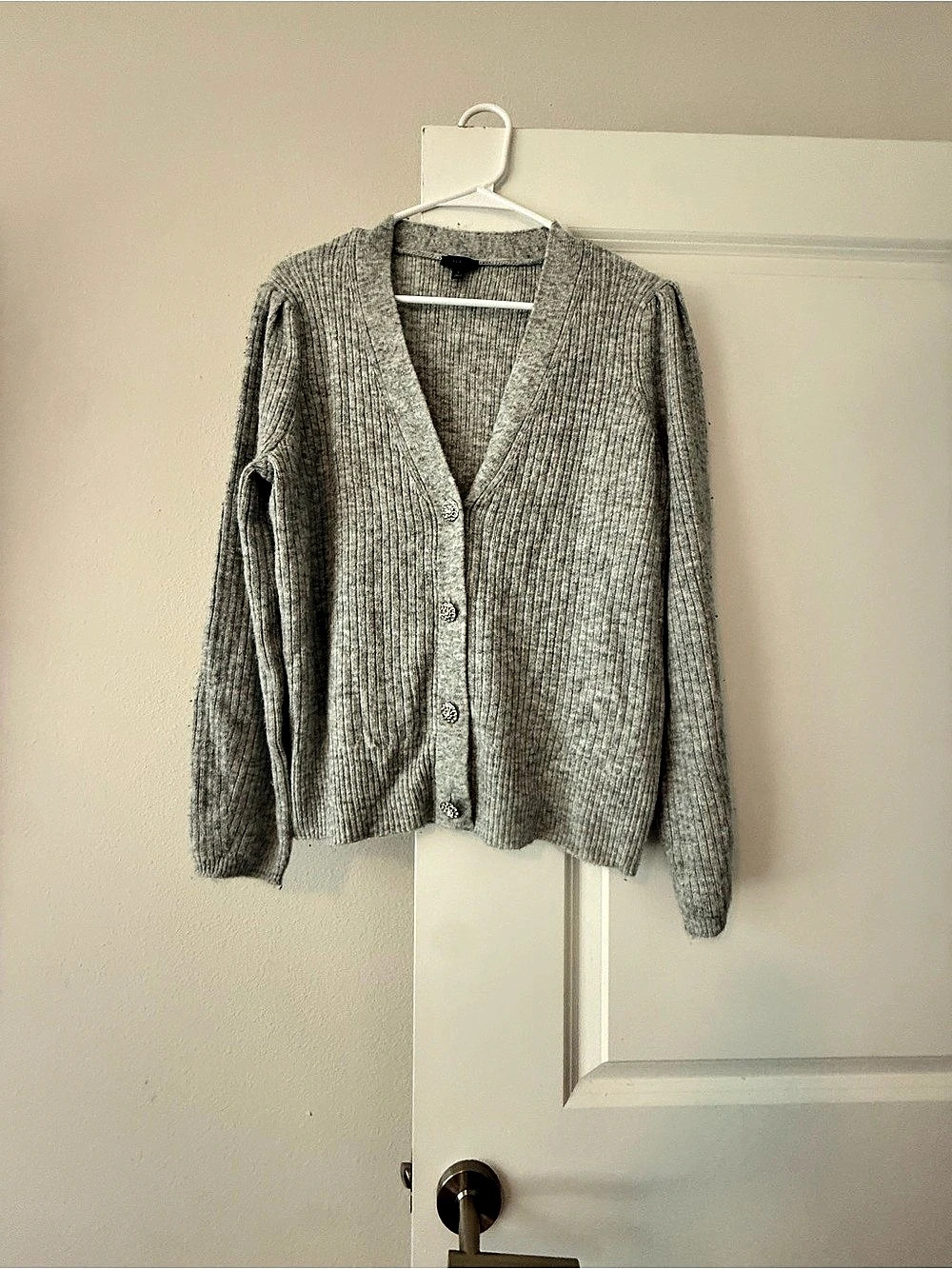 Talbots Soft Metallic Ribbed Rhinestone Button Cardigan Gray Large - Picture 2 of 7